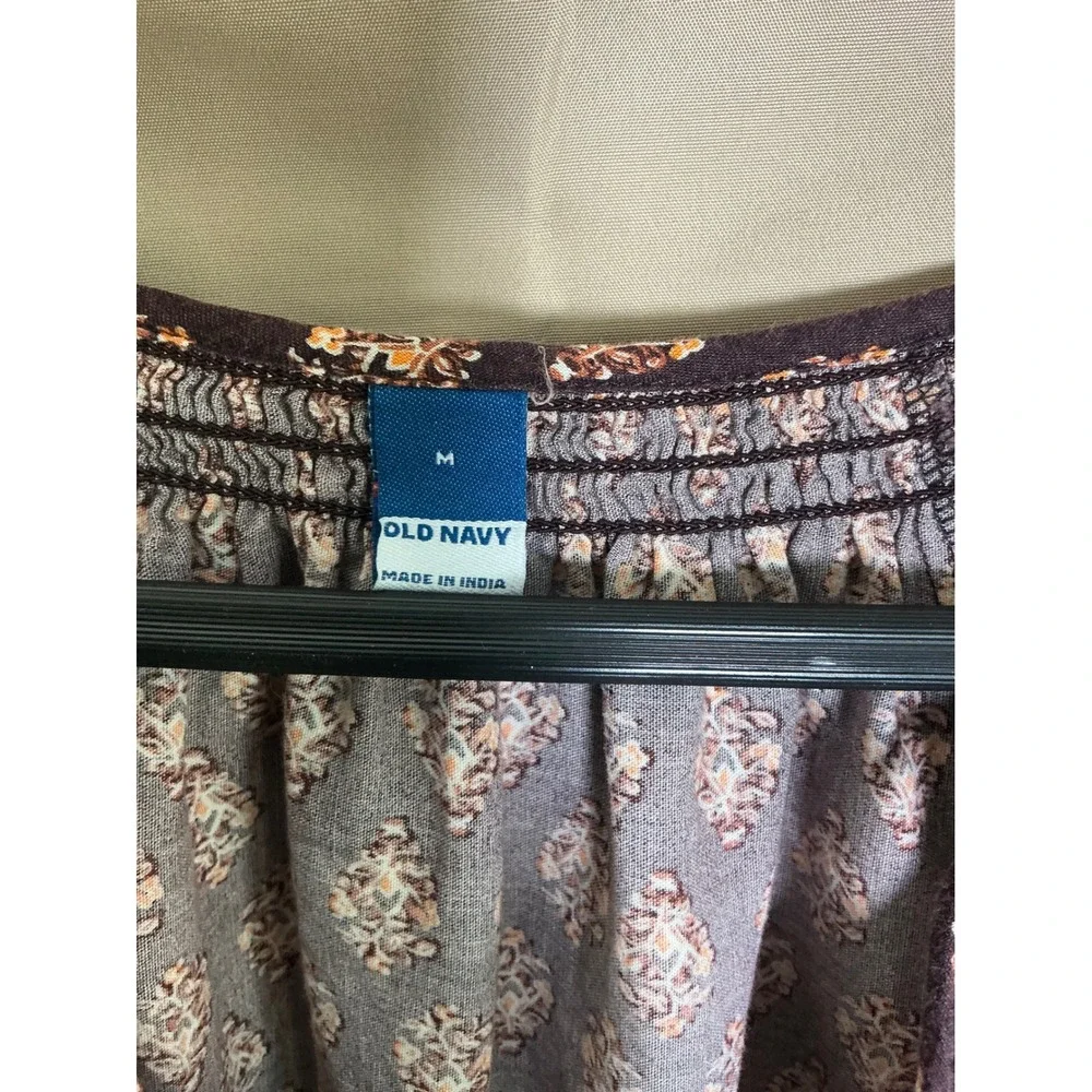 Old Navy Boho Midi Dress Womens Medium Brown Floral Tiered Excellent Tassel Tie